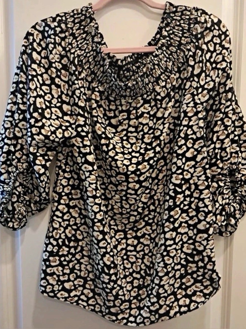 Smocked Neck Black Leopard Print Blouse in Cream and Tan